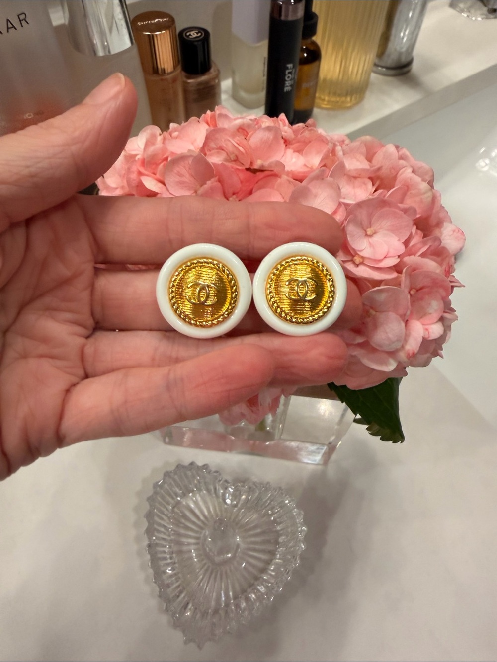 White and Gold Button-Style Fashion Earrings